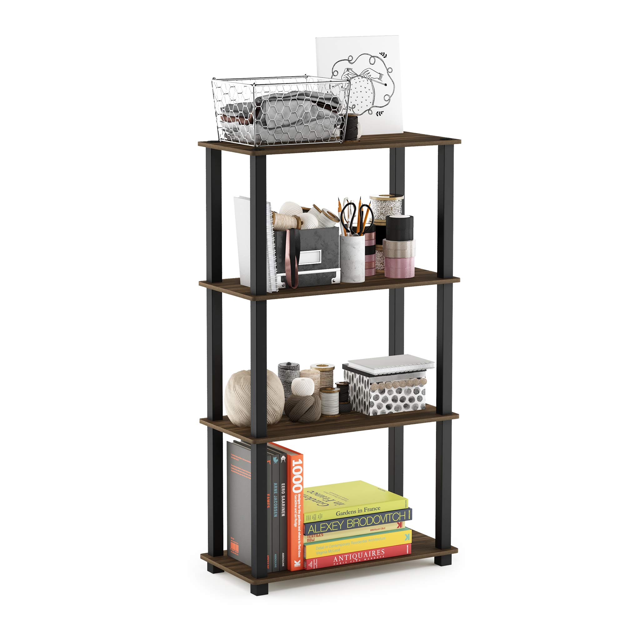 Furinno TURN-S-TUBE Storage Shelves, 4-Tier Book Shelf, Corner Shelf, Toolless Open Shelves, for Organization and Storage, Living Room, Garage, Home Office, Columbia Walnut