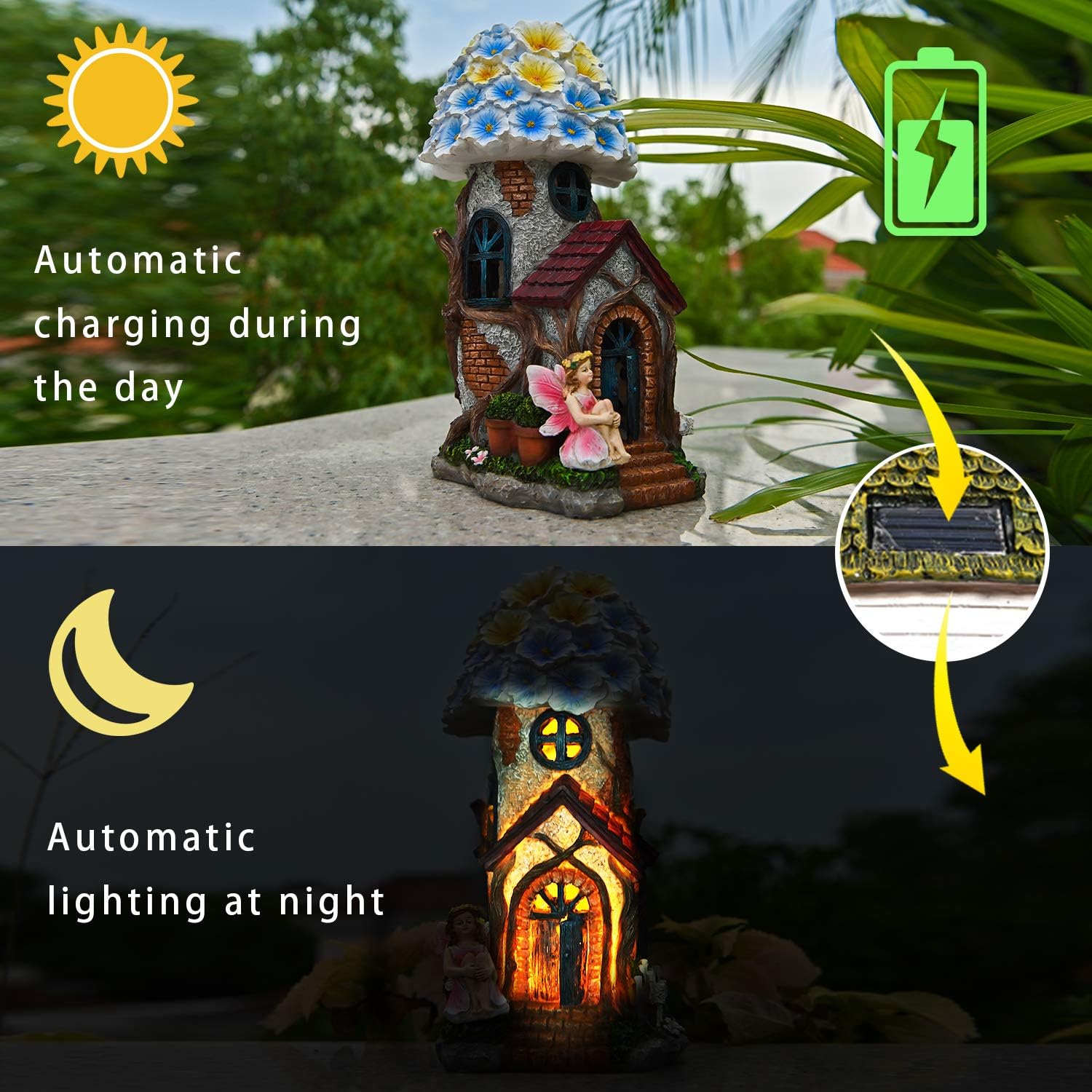 ASAWASA Resin Fairy Flower House Solar Garden Statues and Sculptures Outdoor Decor,Garden Figurines with Solar Powered Lights for Patio,Lawn,Yard Art Decoration,Garden Gift,6.3x4.7x9.9 Inch: Kitchen & Dining