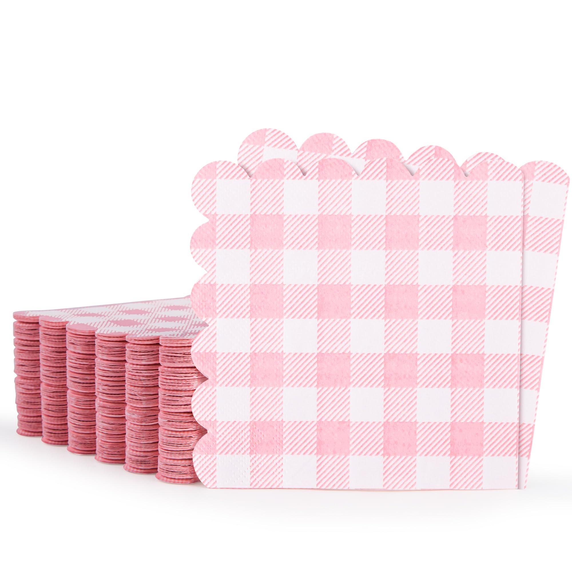 Photo 1 of 100 Pcs Pink Gingham Napkins, 5 x 5 Inches Scalloped Napkins, Disposable Cocktail Napkins For Wedding Birthday Party Baby Shower Picnic