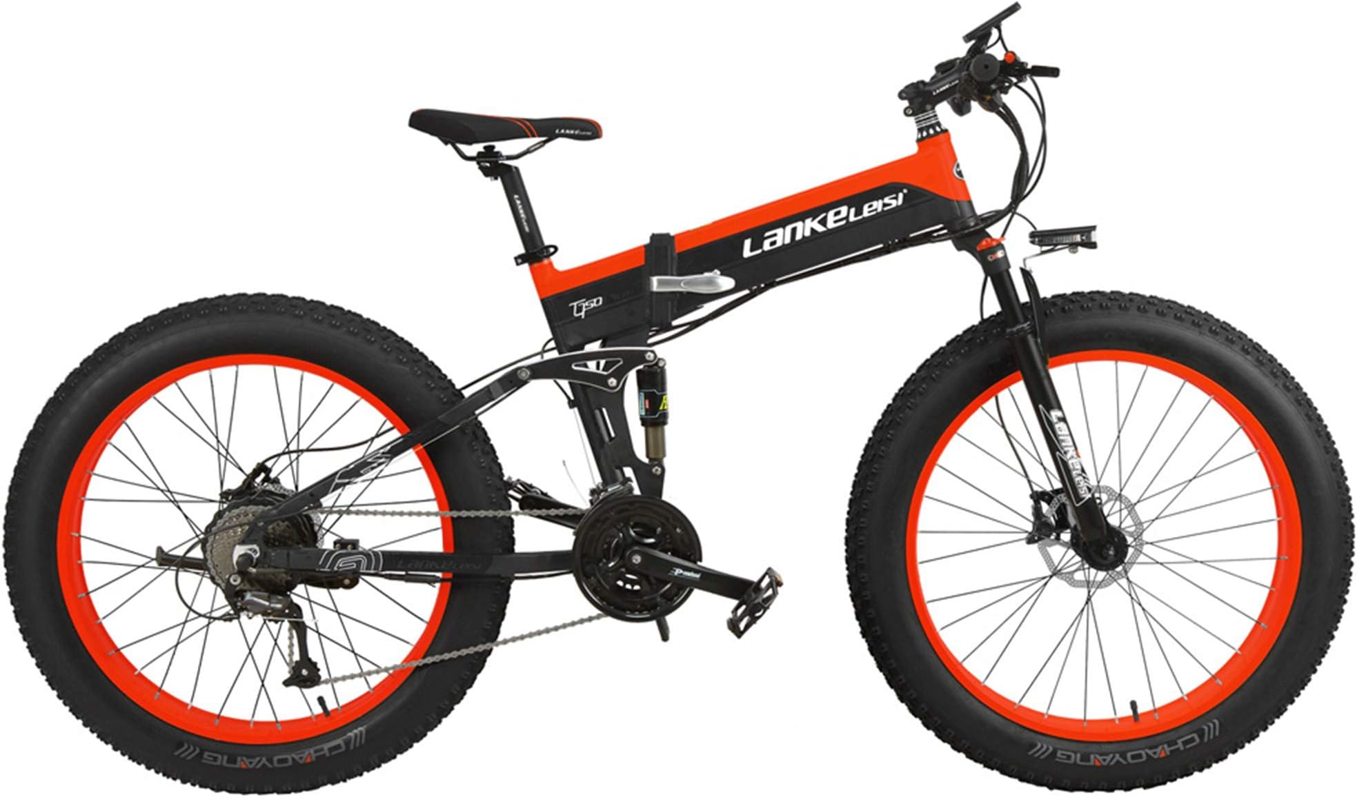 LANKELEISI T750Plus 27 Speed 500W Folding Electric Bicycle 26 * 4.0 Fat Bike 5 PAS Hydraulic Disc Brake 48V 10Ah Removable Lithium Battery Charging (Black Red Standard, 500W + 1 Spare Battery)