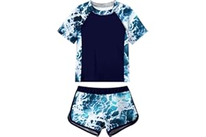 Idgreatim Girls Rashguard Swimsuit 2 Piece Short Sleeve Bathing Suit UPF 50+ Sun Proction Swimwear Size 8-16T