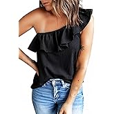 Dokotoo Womens One Shoulder Tops Ruffled Solid Tunic Shirts Sleeveless Loose Tank Top