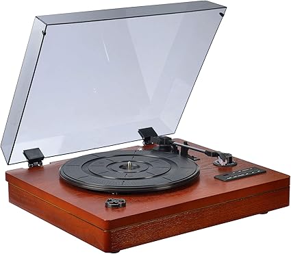 wooden record player with speakers