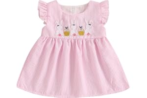 Aifawile Toddler Baby Girls Easter Dress Bunny Embroidery Short Sleeve Smocked Dresses Easter Outfit A-Line Spring Sundress