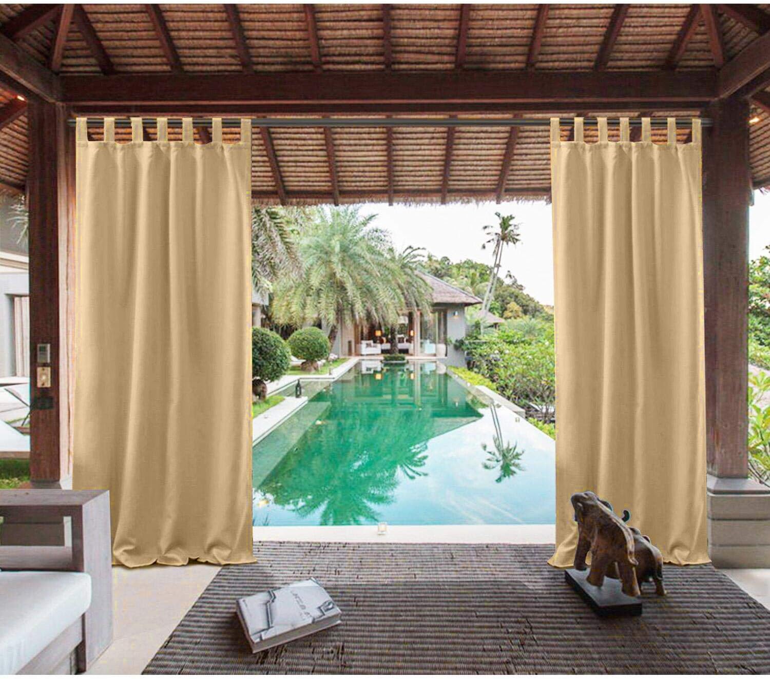 JxYawenchy Outdoor Curtains Drapes -Deck/Porch/Pergola/Balcony,Sun Block/Wind Prevention/Waterproof Detachable Top Curtains ，Olive Beige Color，52x72Inch, 1 Panel