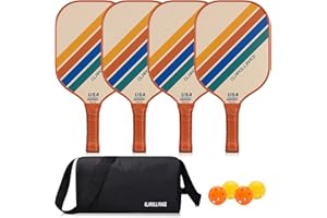 GLAROLLIRACE Pickleball Paddles Set of 4 Wood Pickle Ball Paddles/Pickleball Set of 2 Fiberglass Pickleball Rackets,2 Indoor/2 Outdoor Pickleball Balls,1 Pickleball Bag