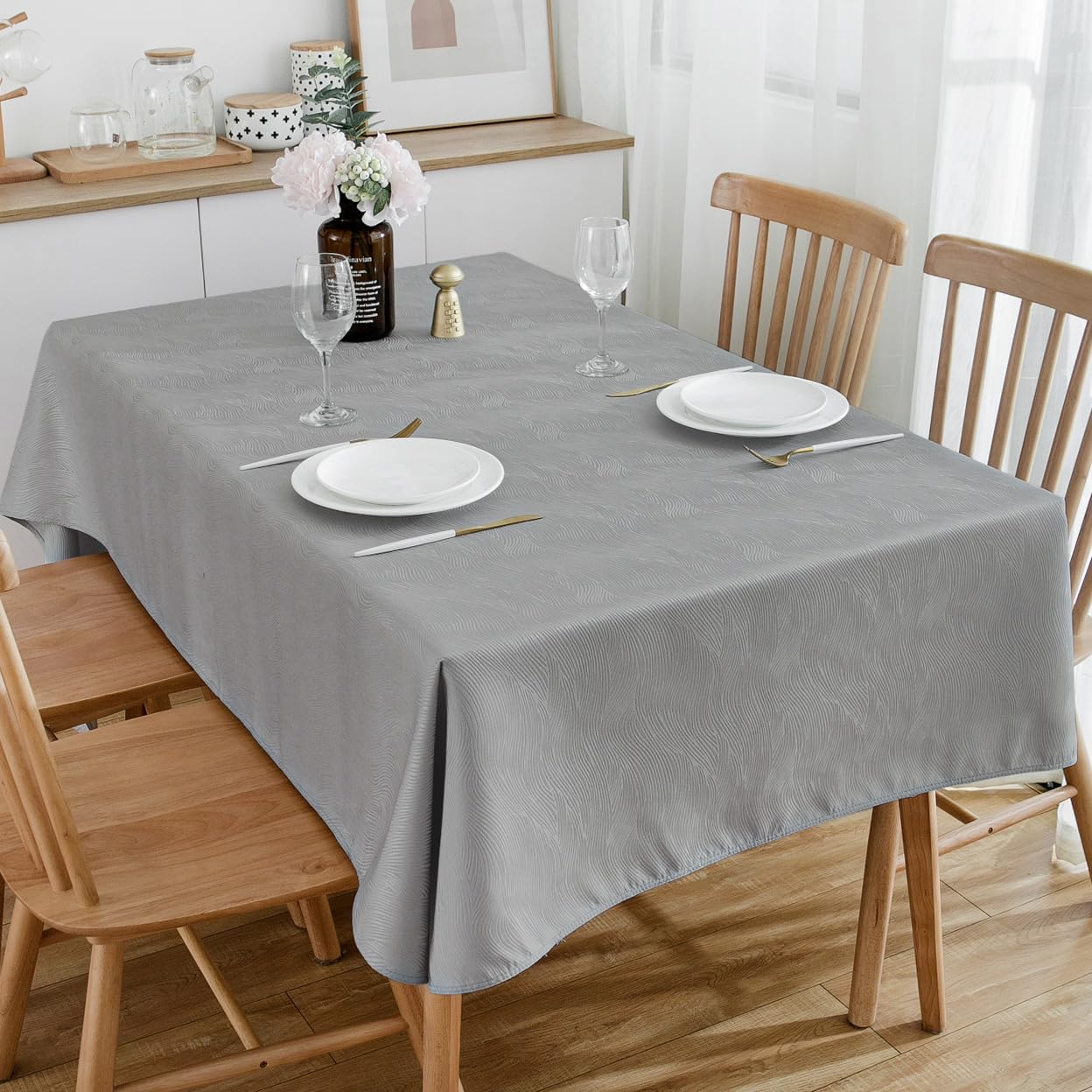 SPRICA Jacquard Tablecloth Water Resistance Solid Colour Heavy Weight Soft Table Cover, Machine Washable, Rectangle 210x150cm, Grey