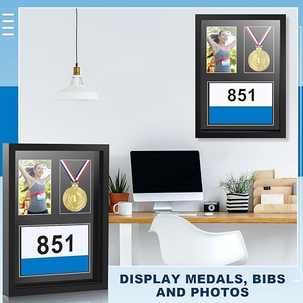 RATTANVIEW MEDAL DISPLAY FRAME SHADOW BOX 3 IN 1 MARATHON MEDAL AND PHOTO DISPLAY FRAME CASE 17 X 12.5 INCH BLACK WOOD AWARD STORAGE BOX FOR RUNNERS, RACE BIBS ALL SPORT WINNER, MILITARY AWARD(BLACK)