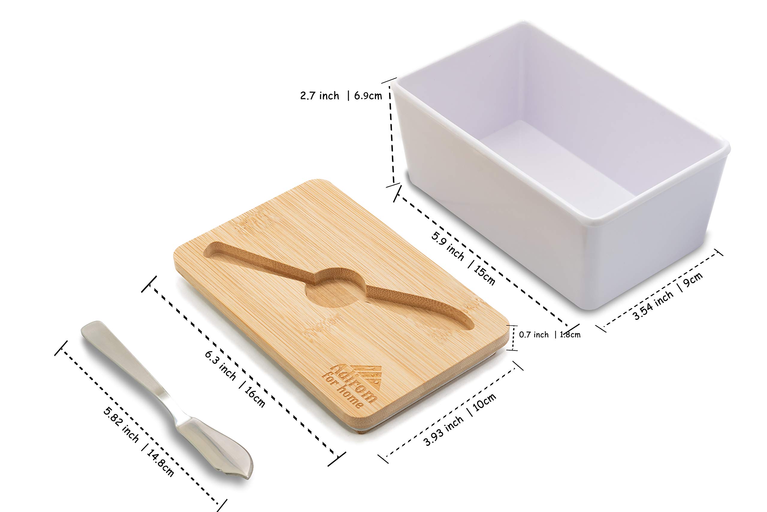 Adirom Butter Dish, Butter Dish with Lid - Elegant Melamine Butter crock with Bamboo Cover Keeps Your Butter Fresh, Clean and Flavorful,BONUS- smearing knife - Get Your Best Butter Holder now !