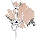 Sterling Silver Trendy Cross Pendant Necklace Dangle Love Heart with Blue CZ Dainty White Gold Plated Hypoallergenic Jewelry Charms Birthday Gift for Women