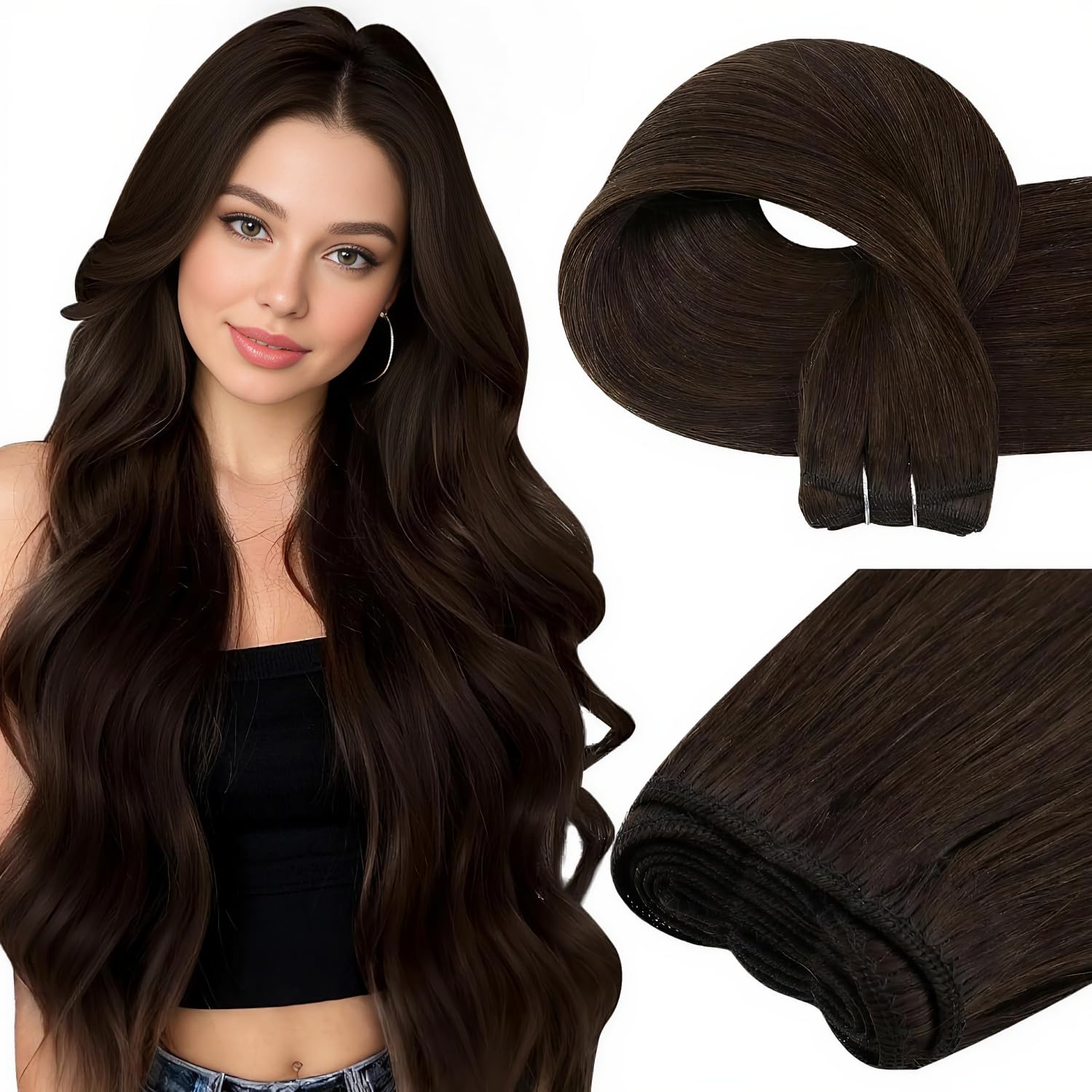 Easyouth Brown Weft Hair Extensions Real Human Straight Weft Extensions Darkest Brown Double Weft Sew in Human Hair Extension for Women 16 Inch 100g