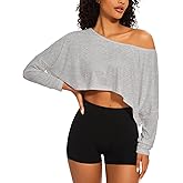 Jenbou Women's Sexy Off The Shoulder Top Long Sleeve Loose Cropped Asymmetrical Y2K Tops for Summer