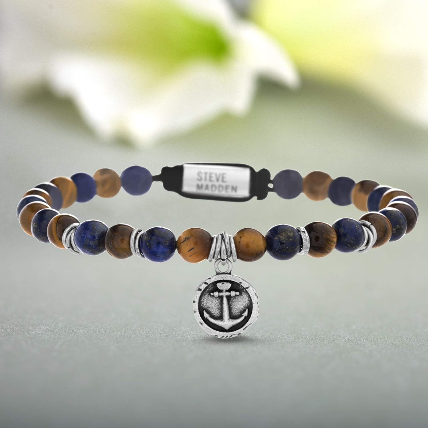 Steve Madden Men's Simulated Blue Lapis and Brown Tiger's Eye Anchor Disc Charm Beaded Adjustable Bracelet in Stainless Steel: Jewelry