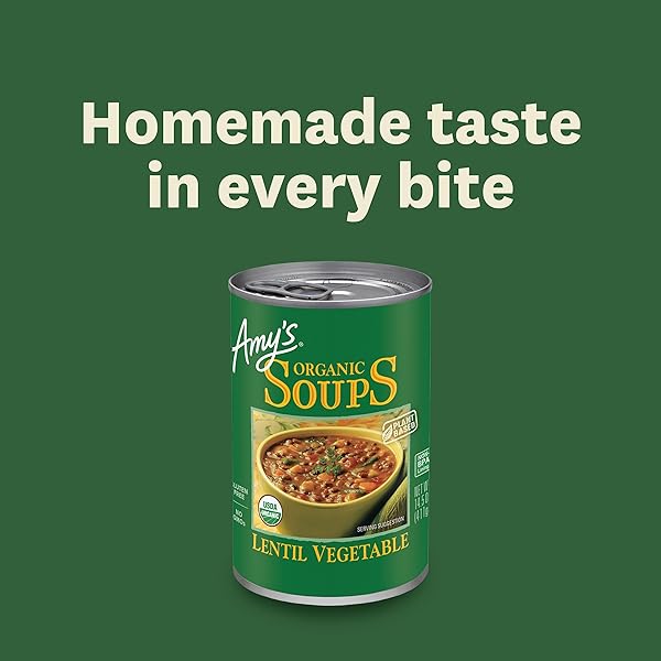 AMY’S SOUP, VEGAN LENTIL VEGETABLE SOUP, GLUTEN FREE, MADE WITH ORGANIC CELERY, CARROTS, POTATOES AND SPINACH, CANNED SOUP, 14.5 OZ