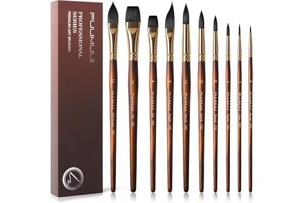 Watercolor Brushes Professional, Fuumuui 10Pcs Synthetic Squirrel Hair Water Color Paint Brush Set for Artists - Flat, Round