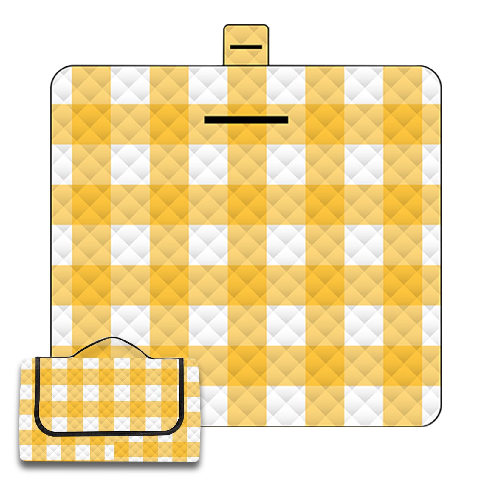 Picnic Blanket, Extra Large Picnic Blankets with Carrying Handle, Waterproof Picnic Mat, Sandproof Machine Washable Beach Rug for Family, Beach, Hiking, Camping, (200x200cm Yellow - Large Plaid)