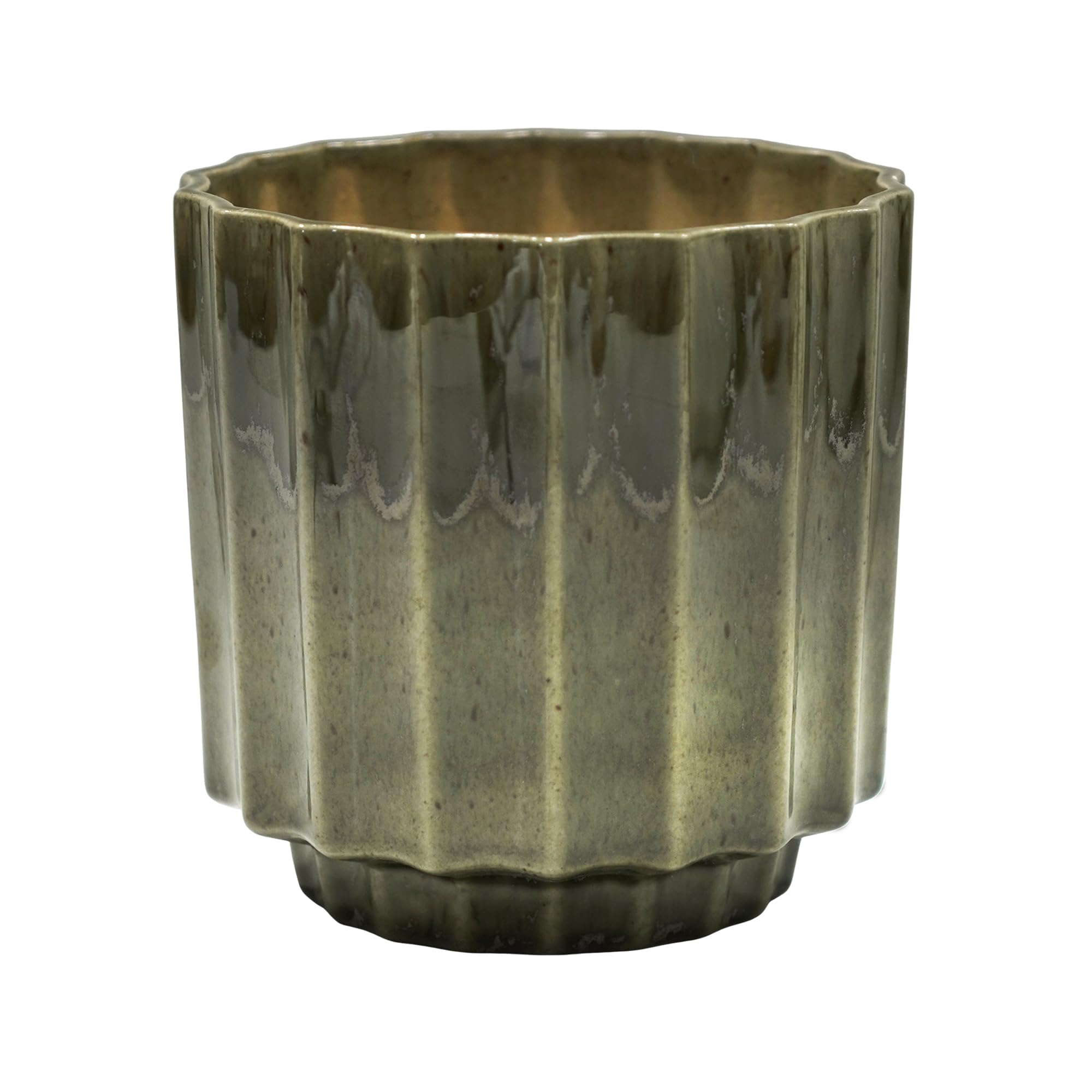 Ivyline Lugano Scalloped Reactive Planter in Green - Waterproof and Lightweight - Indoor Ceramic Houseplant Pot with Reactive Glaze - H13cm x D13cm
