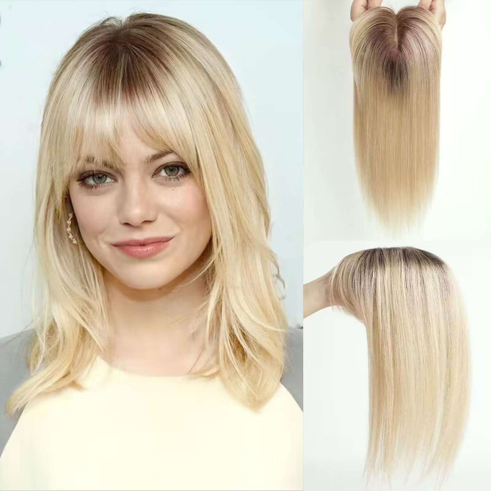 EMMOR Hair Toppers for Women, Hair Loss Cover, Hair Topper for Women with Thinning, Human Hair, 150% Density, Silk Base Three Clips in Topper 10 inch Ombre Blonde