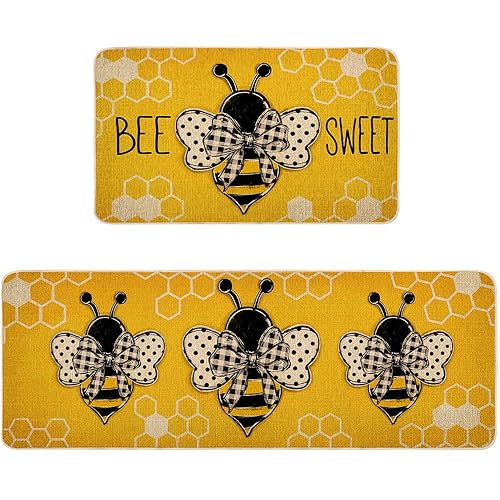 CHAOMENGMENG Yellow Bee Kind Summer Kitchen Mats Set of 2, Seasons Home Decor Four Spring Low-Profile Kitchen Rugs for Floor - 17x29 and 17x47 Inch CD052