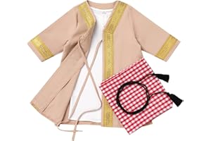 ABEWIP Newborn Baby Boy Muslim Abaya Sets Outfits Black Gold Kaftan White T Shirt Red Turban Arabic Dubai Outfits