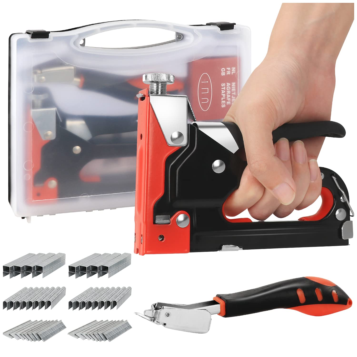 Heavy Duty Staple Gun Set, 3-in-1Manual Nail Gun Kit with 2400 Staples and Stapler Remover, Upholstery Stapler for Fixing Material, Decoration, Carpentry, Furniture, Doors and Window (Orange Black)