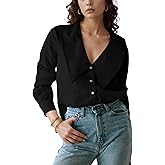 Daacee Women’s Big Collar Cotton Linen Blouses Dressy Casual Long Sleeve V Neck Button Down Shirts Ladies Tops