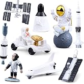 BlingABC 9 Pcs Astronaut Figurines Mini Space Toys Spaceman Theme Decor Set | Includes Rocket, Space Car, Spaceship and Satellites, Ideal for Cake Topper, Desk Decor, Birthday Party Supplies &amp; Gifts