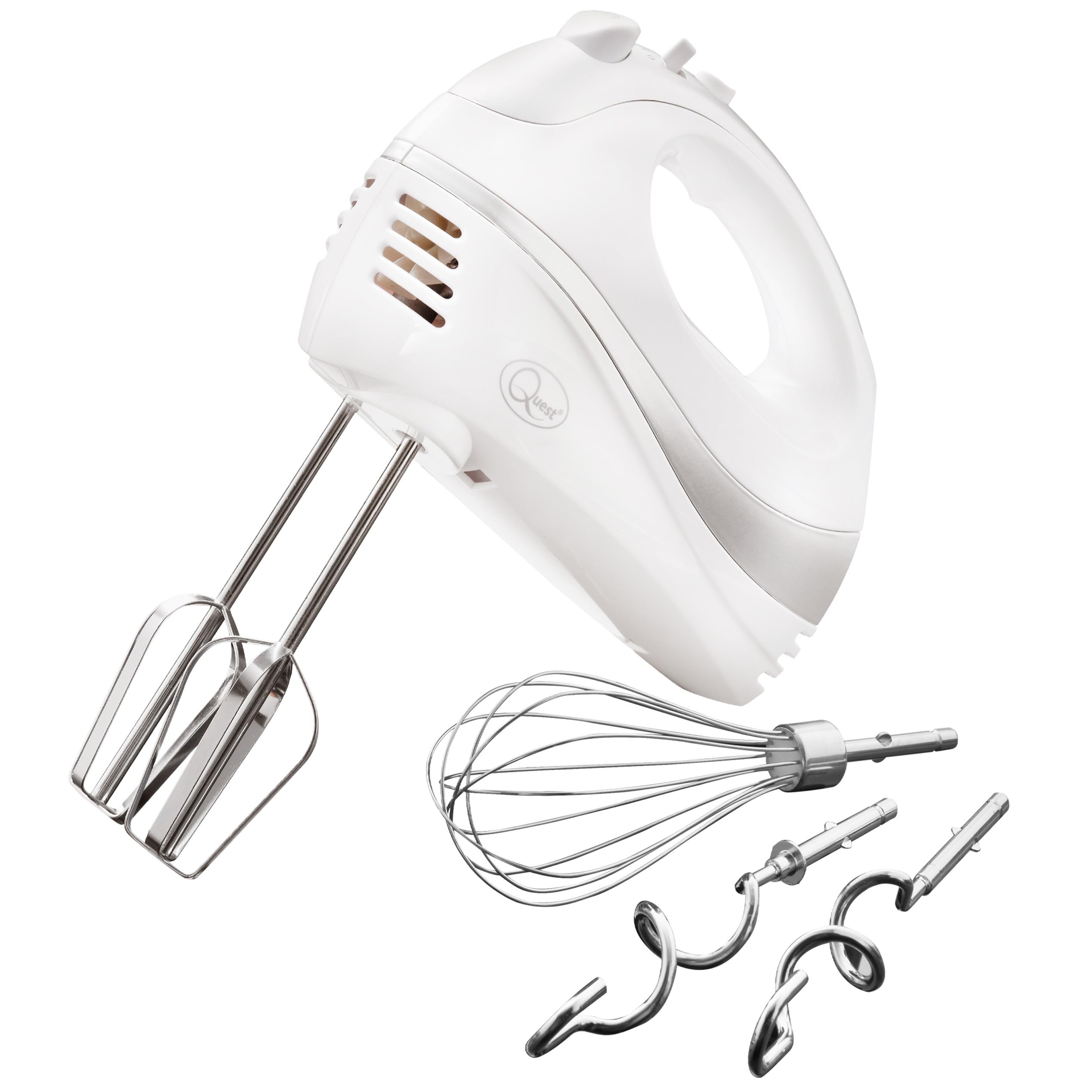 Quest Electric Hand Mixer, White, Chrome Beaters, Dough Hooks & Balloon Whisk, 5 Speed With Turbo Function, 300W