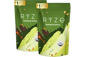 RYZE SUPERFOODS Mushroom Matcha Starter Kit, USDA Organic with 6 Adaptogenic Mushrooms and Ceremonial-Grade Matcha, Energy, Focus, Digestion, Immunity with Turkey Tail, Shiitake, Reishi, 60 servings