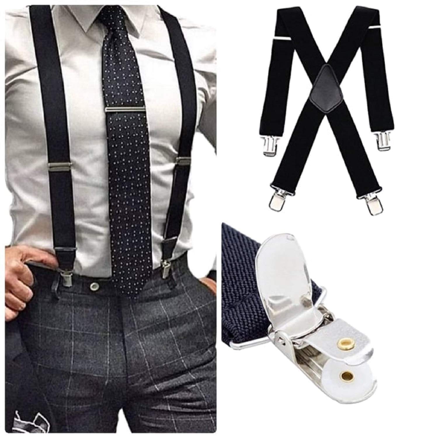 Mens Suspender Braces Unisex Tuxedo Suspenders X-Back Trouser Style Trend, Black, 1200mm Long x 35mm Wide