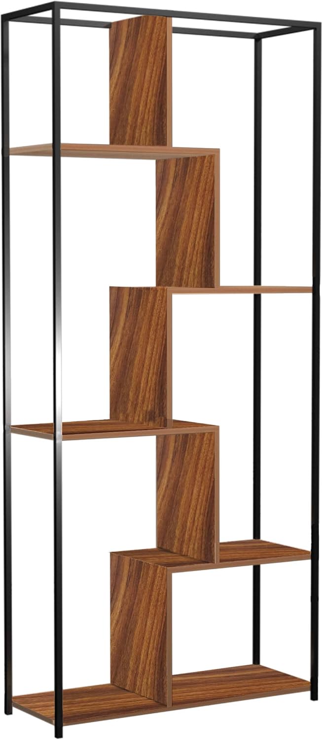 5 Tier Multishelf Storage Organizer Bookcase and Display Rack Brown Shelves with Black Steel Frame: Furniture & Decor