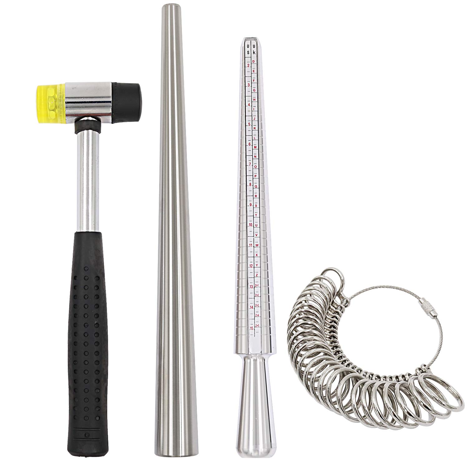 NIUPIKA Ring Sizer Tool Metal Ring Sizing Mandrel Ring Gauge Sizer Set Rubber Jeweler's Mallet Hammer Steel Finger Size Measuring Stick Wire Wrap Rings Tools Jewellery Making Kit
