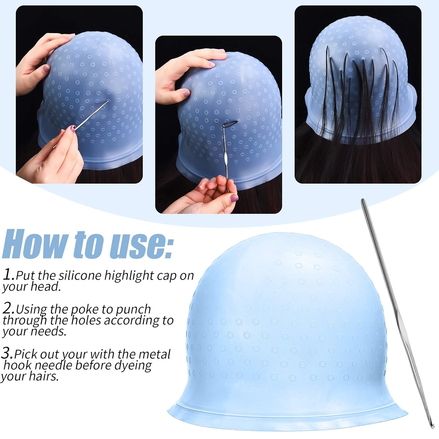 3 Pieces Reusable Silicone Hair Staining Cap Multicolor Hair Coloring Dye Cap with Metal Hook Silicone Hair Coloring Highlighting Cap for Home Salon Hairdressing Tools (Blue, White, Purple) : Beauty