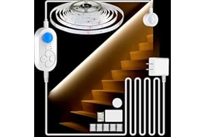 NIVOTA Dual Sensor Stair Light Strip, Double Motion Activated Sensor LED Strip Light for Stairway (Power Adapter (16.4FT Cable), Warm White 3000K (16.4FT White Light Strip))