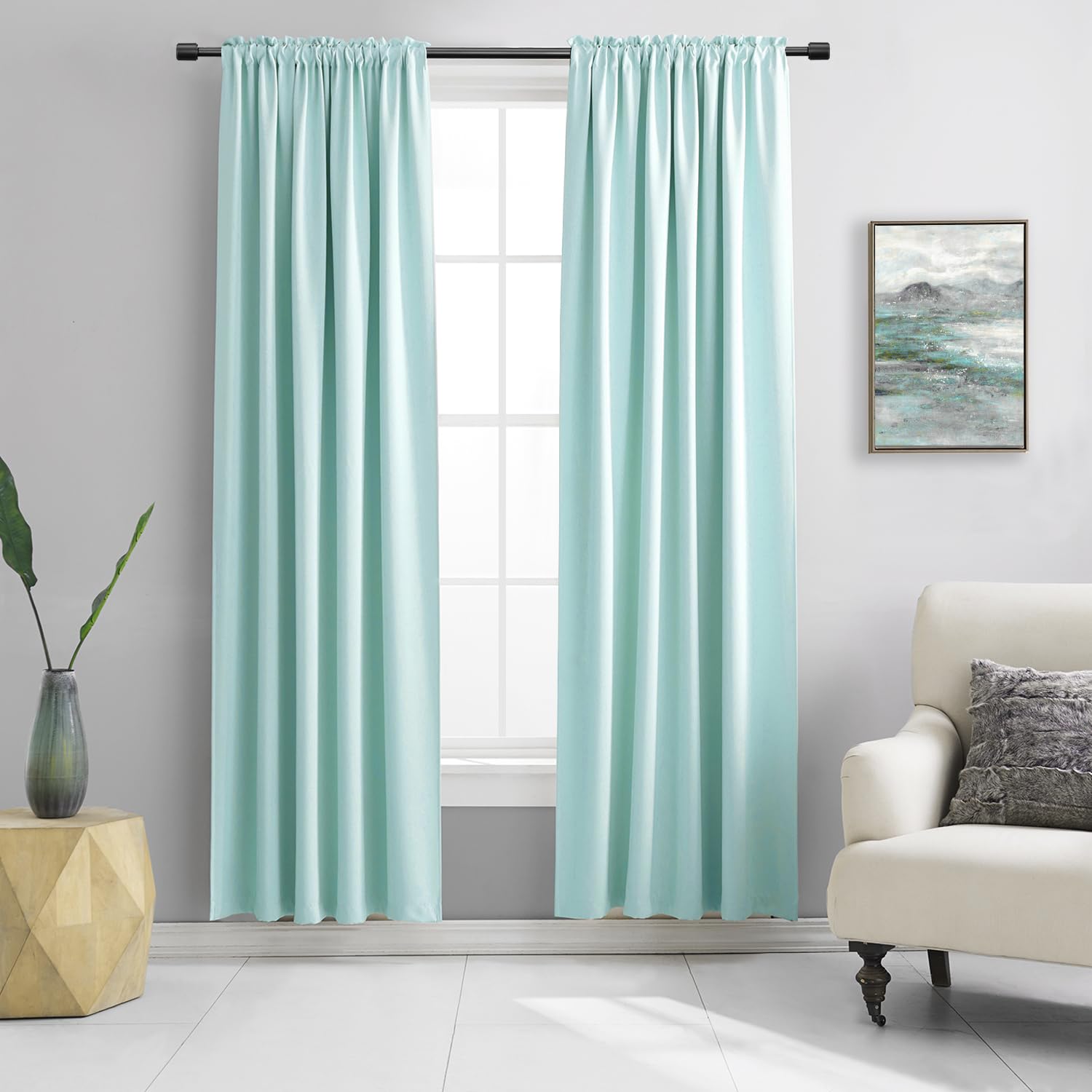 DONREN 90 Inches Long Room Darkening Curtain Draperies for Living Room - Blackout Solid Rod Pocket Curtains for Dining Room(2 Panels,Aqua)