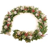 Amaoasis Christmas Garland Prelit 9 Ft with 50 Led Lights, Pine Cone and Snow Flocked Xmas Garland, Battery Operated Christmas Decor for Mantle Stair Indoor Outdoor