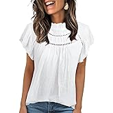 Falechay Blouses for Women Summer Tops 2025 Trendy Ruffle Sleeves Mock Neck T Shirts Pleated Front Loose Fit Work Blouse