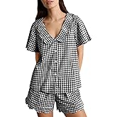 Kissonic Womens Gingham Pajama Set 2 Piece Scalloped Edge Plaid Babydoll Pjs Short Sleeve Cotton Sleepwear Lounge Set