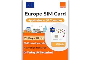 MEWFI 2pcs Orange Prepaid Europe Sim Card 28 Days, EU 10GB, Spain 25GB, 5000 Min Local Calls, Activation Required, Applicable to 27 States of The European Union (2pcs 27 Days 10GB-Activate Required)