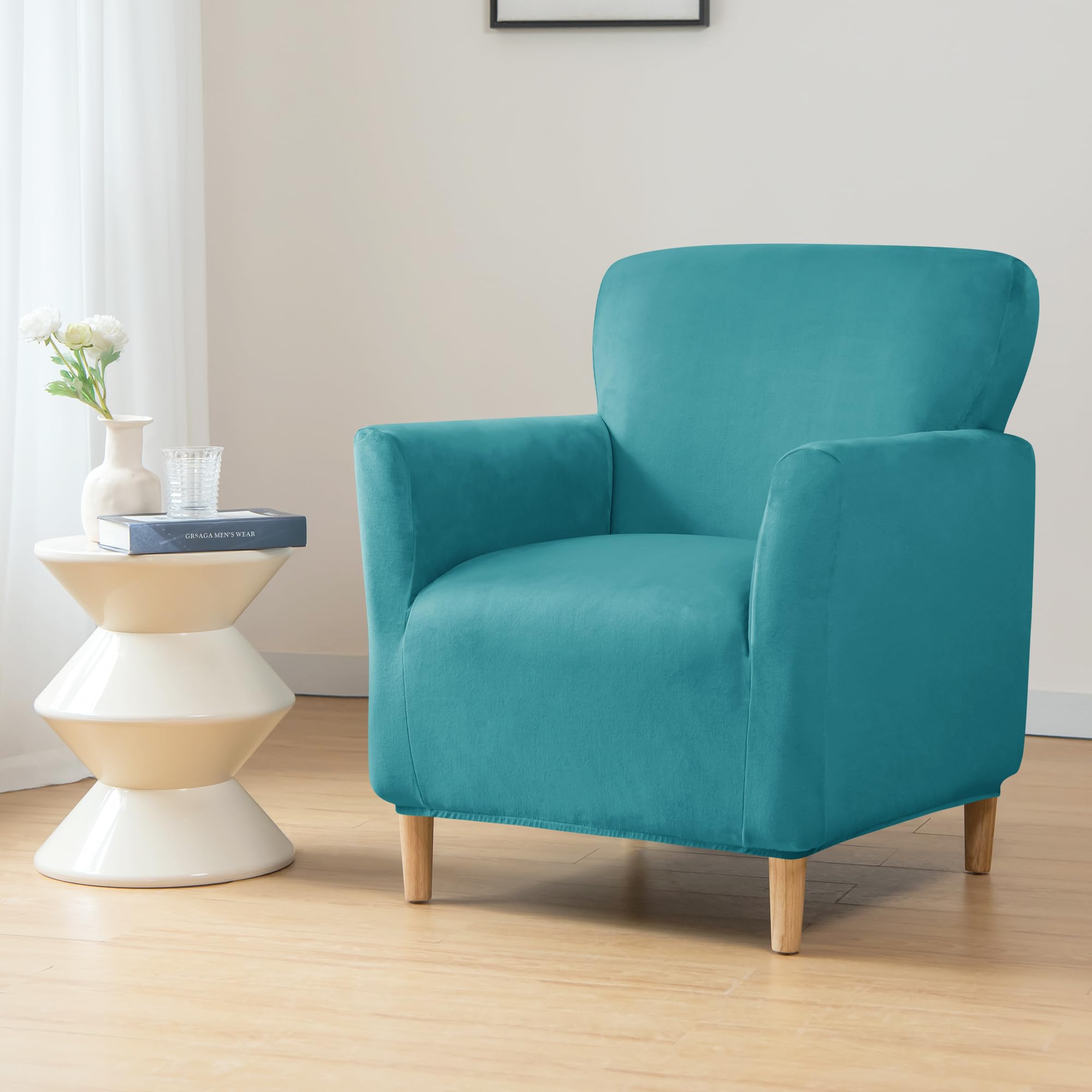 OKYUK Banquet Armchair Slipcovers Luxury Velvet Chair Slipcovers with Arms Stretch Chair Covers for Living Room Soft Armchair Slipcover Anti Slip Dog Pet Friendly Furniture Protector (Turquoise Blue)