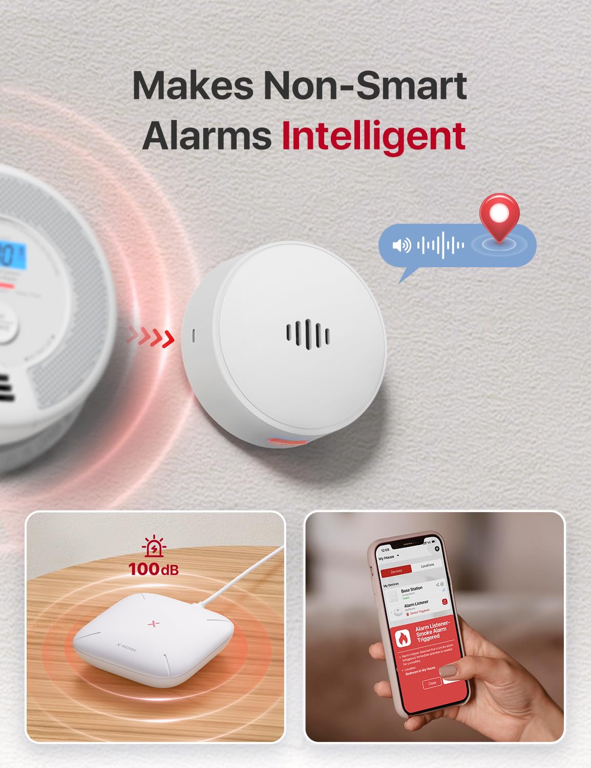 X-Sense Wi-Fi Alarm Listener Kit with Voice Location, Real-Time Notifications, Works with All Smoke Detectors and Carbon Monoxide Detectors, 1 Listener & 1 Base Station, Model SAL101