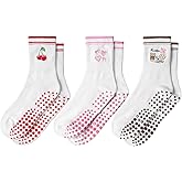 COZYOFFI Pilates Socks Non Slip: 3 Pairs Grip Women Crew Socks Embroidery Pattern