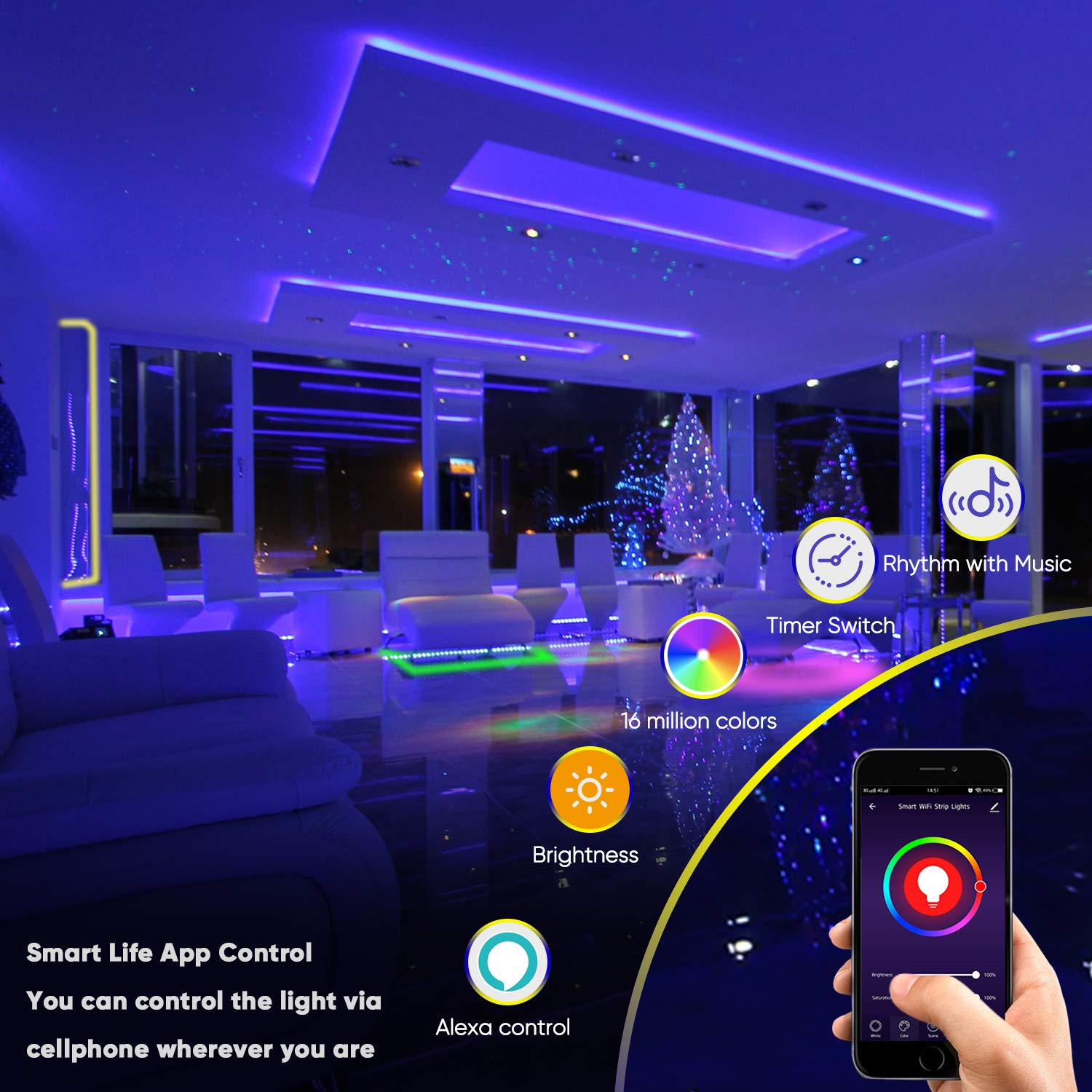 LED Strip Light,Smart WiFi Strip Light,Alexa LED Strip,DIY 5M IP67 Waterproof Dimmable Light Strip,5050 RGB Light,Sync with Music,Remote & Smart Life APP Control,DIY Home TV Party Christmas Decoration