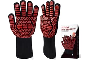 BBQ Gloves, Dakiwin Heat Resistant BBQ Gloves(1472°F), Silicone Non-Slip Oven Gloves, Grill Gloves Heat Proof for Men/Women, Oven Gloves with Fingers for Kitchen Cooking,Grilling (Red-Pro, 13 inch)