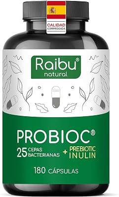 Probióticos y Prebióticos Intestinales con 25 Cepas Bacterianas + Inulina, 180 Cápsulas - 60 Mil Millones de UFC: Flora Intestinal Completa - Lactobacillus, Bifidobacterium, Máxima Concentración