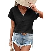 EVALESS Womens Cap Short Sleeve Textured Tops Summer Dressy Casual V Neck Solid Loose Basic T Shirts Tee Blouses