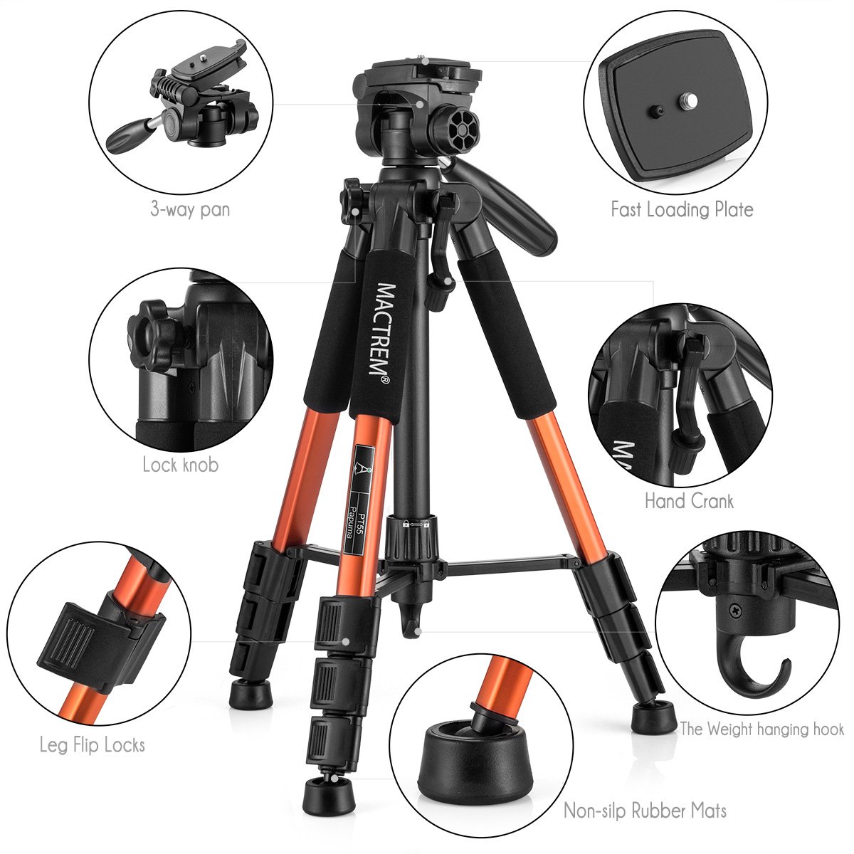 Treppiede reflex Mactrem Leggero Estensibile Lega di Alluminio 140cm Testa 3 Vie Capacità 5kg 4 Sezioni con Custodia per Canon Nikon Sony GoPro Videocamera DSLR (Arancione)