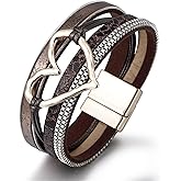 Multilayer Bohemian PU Leather Love Heart Wrap Bracelet Bangle Crystal Rhinestone Beaded Leopard Print Wristband Bracelet for Women Men Boho Cuff Jewelry Gift