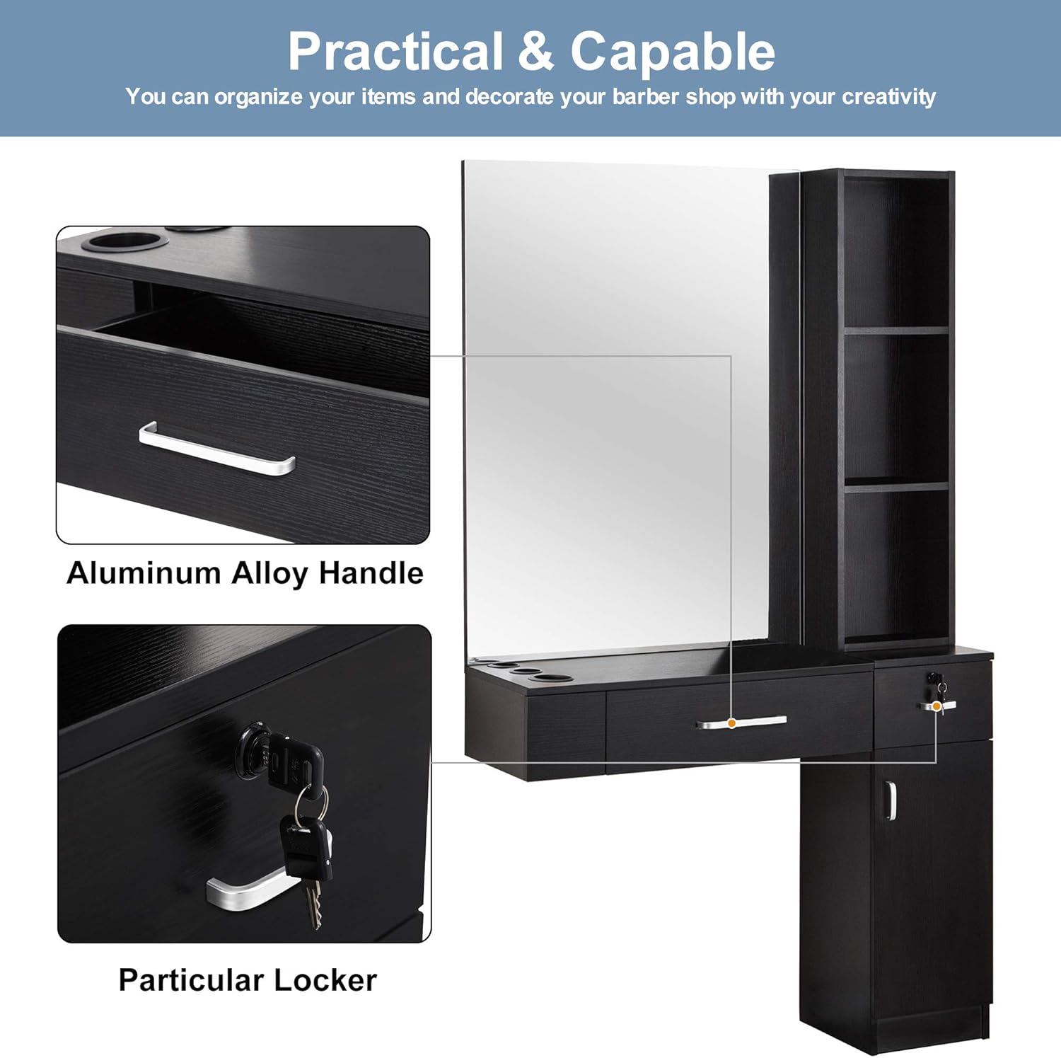 BarberPub Wall Mount Hair Styling with Mirror Barber Station Dressing Table Beauty Salon Spa Equipment Set 3026 (Right Shelf) (Black): Kitchen & Dining