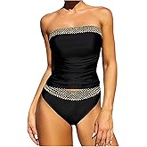 WDIRARA Women's 2 Piece Color Block Tankini Set Bandeau Strapless Ruched Bathing Swimsuit
